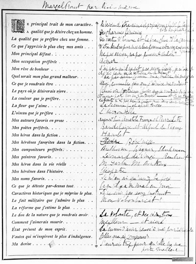 Questionnaire completed by Marcel Proust, 1890 by Marcel Proust